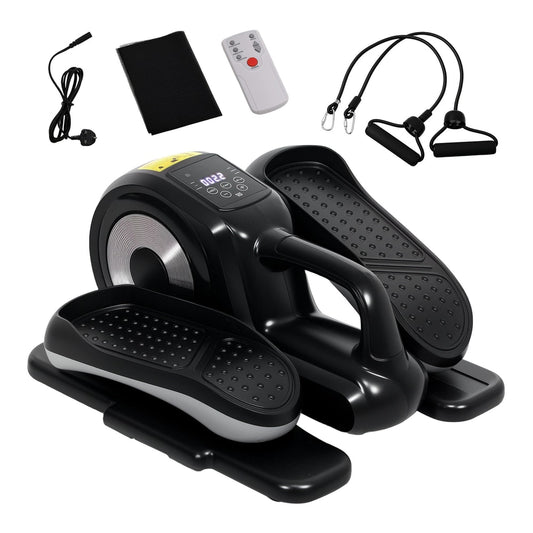 SPORTNOW Under Desk Electric Elliptical Machine showing the main unit, remote control, power cable and resistance bands