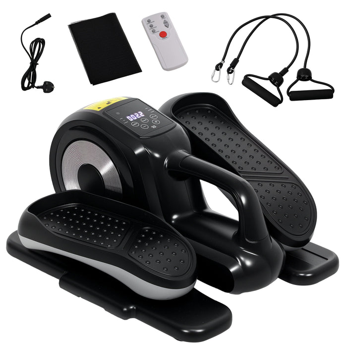 SPORTNOW Under Desk Electric Elliptical Machine showing the main unit, remote control, power cable and resistance bands