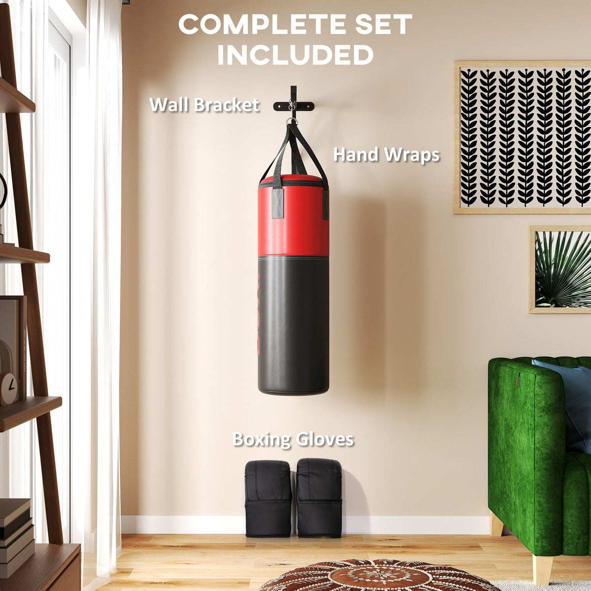Boxing bag set including wall bracket, boxing gloves and hand wraps in a living room