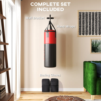 Boxing bag set including wall bracket, boxing gloves and hand wraps in a living room