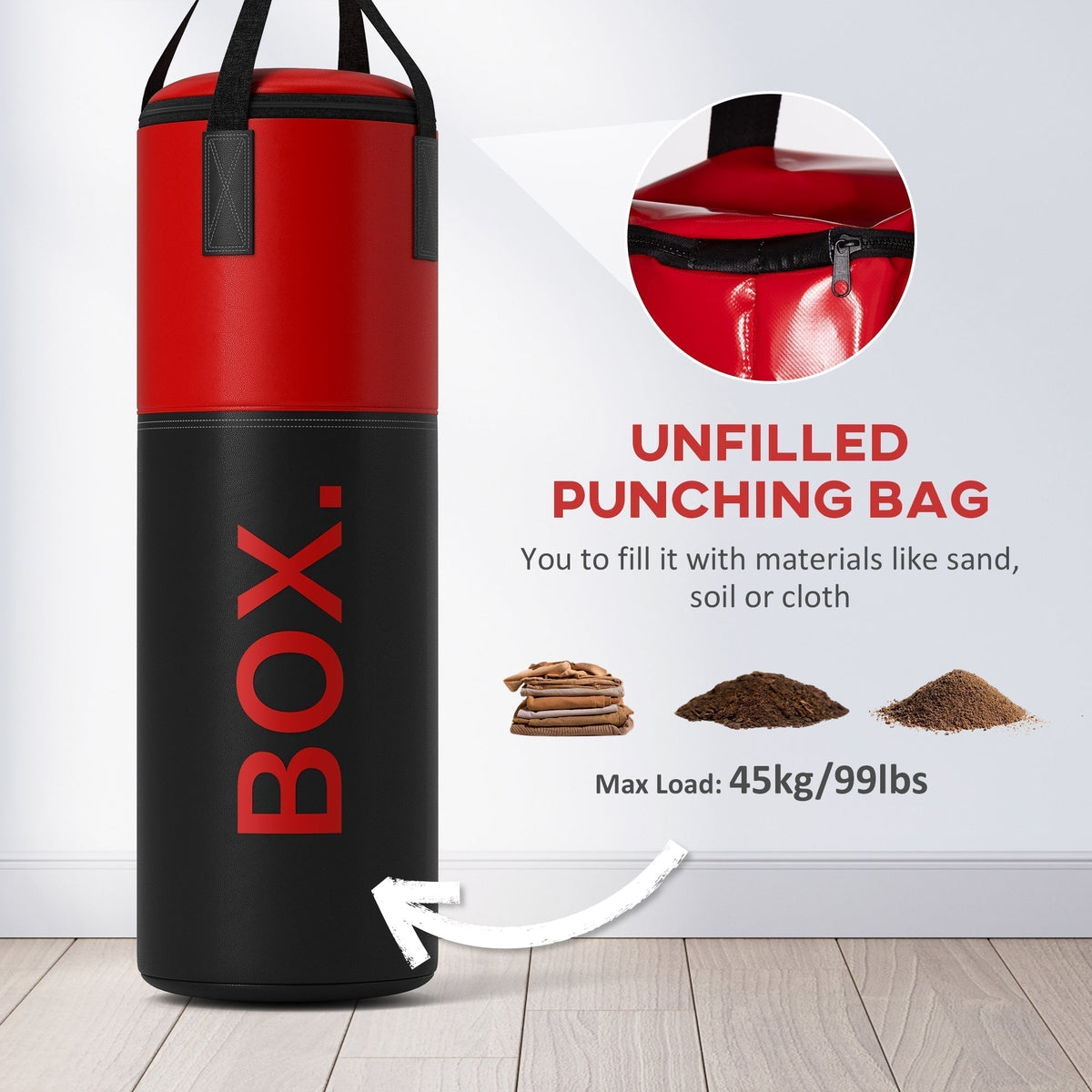 Unfilled punching bag with instructions on how to fill it and max load