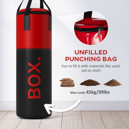 Unfilled punching bag with instructions on how to fill it and max load