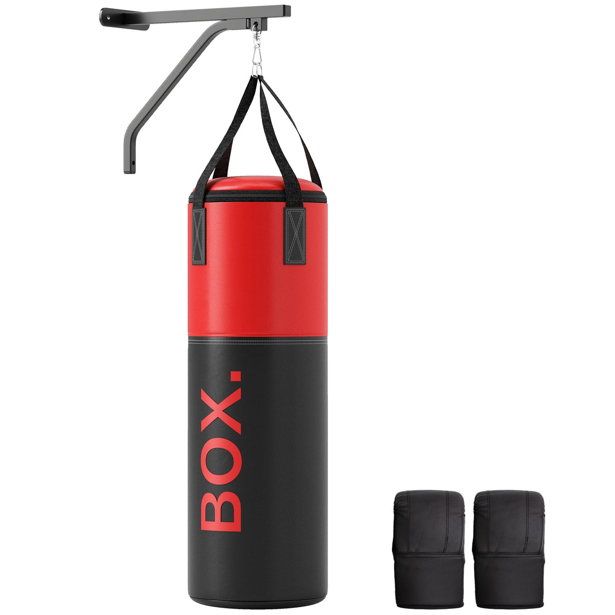 SPORTNOW Unfilled Punching Bag Set with Boxing Bag Bracket, boxing gloves and hand wraps shown in red and black