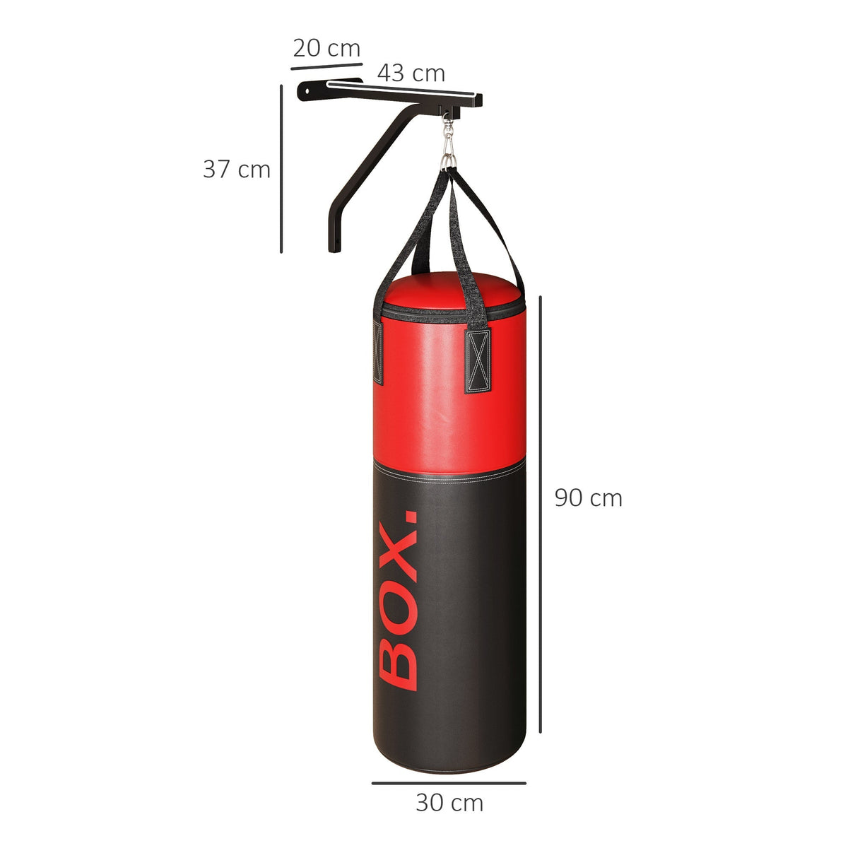 Dimensions of the red and black boxing bag and wall bracket shown