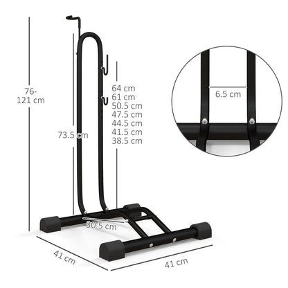 The black metal bicycle storage stand with dimensions shown in centimetres