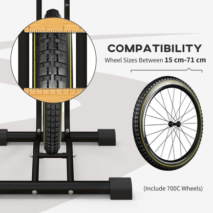 A close-up of the bicycle storage stand showing wheel compatibility with a tyre and rim