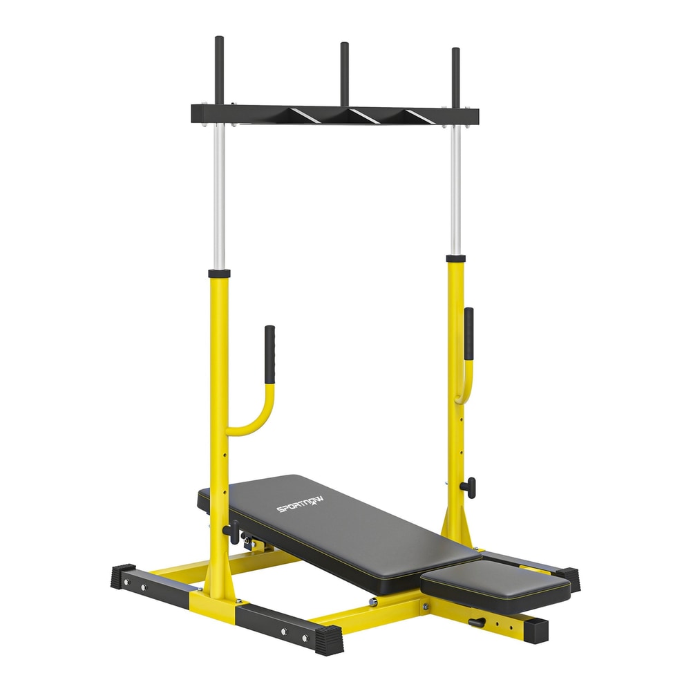 SPORTNOW Vertical Leg Press Machine with Adjustable Leg, a yellow and black home gym system with a padded bench