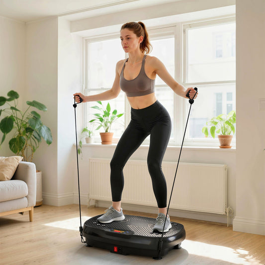 Woman using the recovery and training machine with resistance bands in a bright room