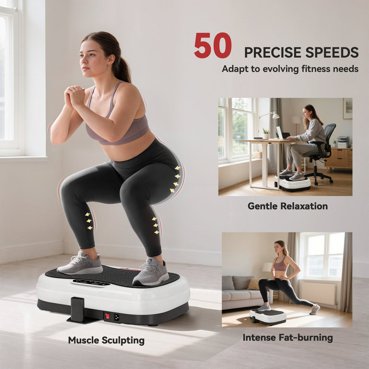 Collage showing the vibration plate with text overlays about its features