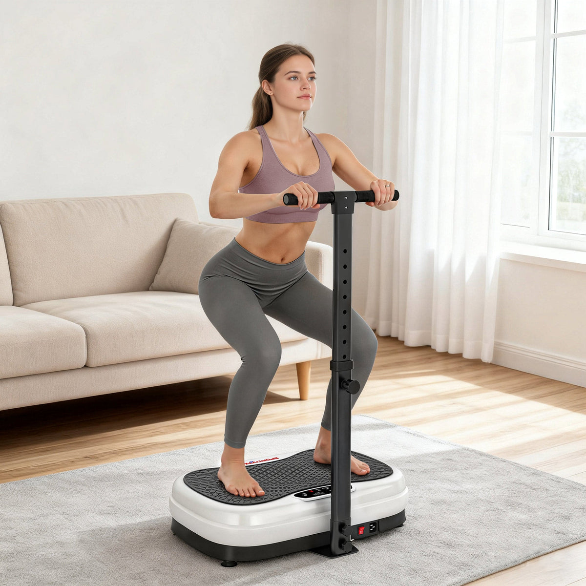 Woman using the vibration plate for exercise in a living room