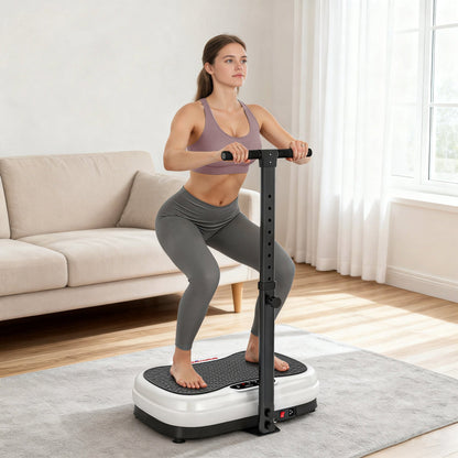 Woman using the vibration plate for exercise in a living room