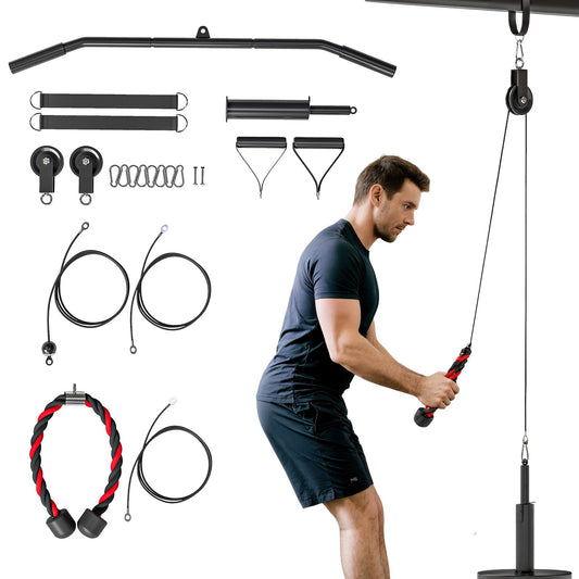 SPORTNOW Weight Pulley System shown with all included components and a man using the tricep rope