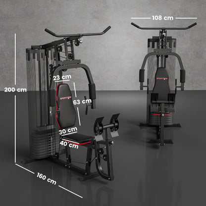 The compact home gym system shown with dimensions marked on the unit and in the background