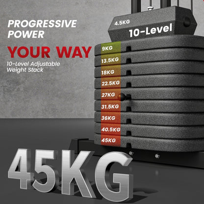 The home gym system weight stack showing the individual plates and weight increments