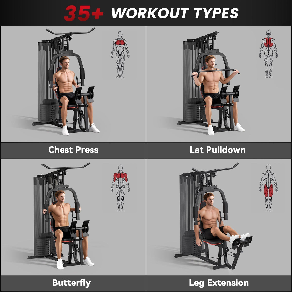SPORTNOW Weights Machine, the home gym system showing four different exercise positions with muscle group diagrams