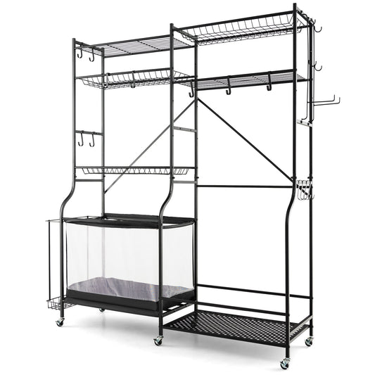Sports Equipment Organizer Metal Ball Storage Rack, a tall black metal unit with multiple shelves and hooks