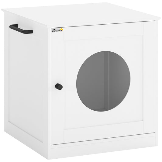 PawHut Cat Litter Box Enclosure, Hidden Litter Box Furniture with Side Hook, Wooden Cat Washroom Storage Cabinet, White