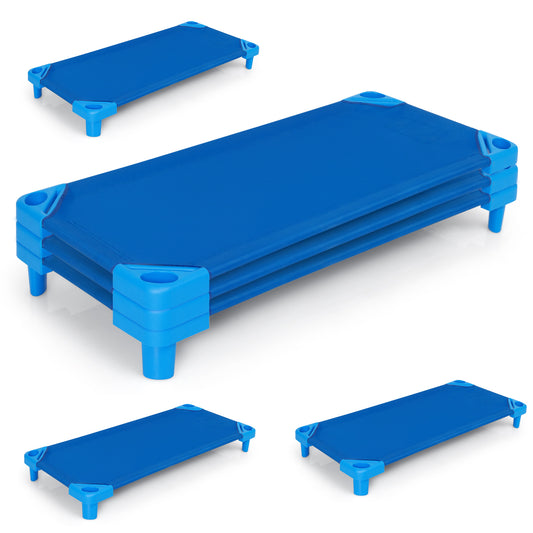Stackable Kids Nap Cot Bed with Easy Lift Corner shown in a group of four stacked and separate units