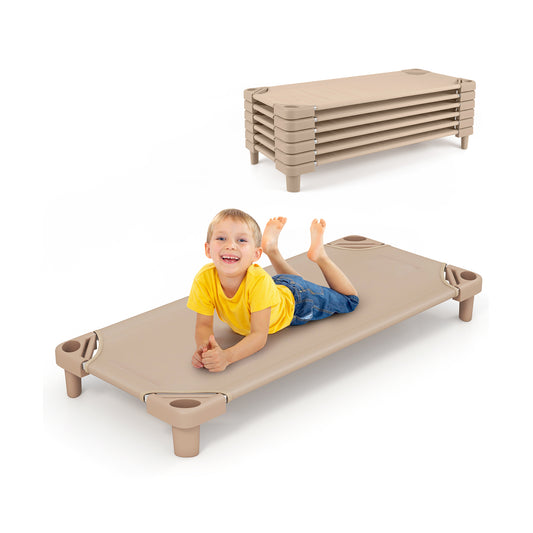 Stackable Kids Nap Cot shown in use by a child and as a stack of five beige beds