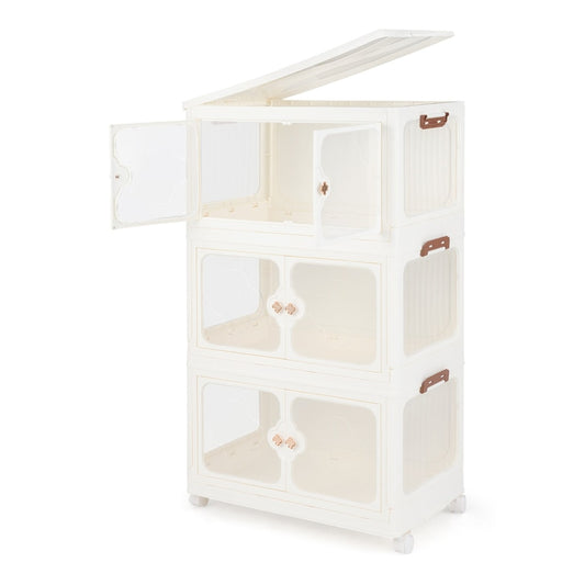 Stackable Storage Containers with Wheels and Lit-White-3-Tier, a white three-tier cabinet with clear doors and wheels