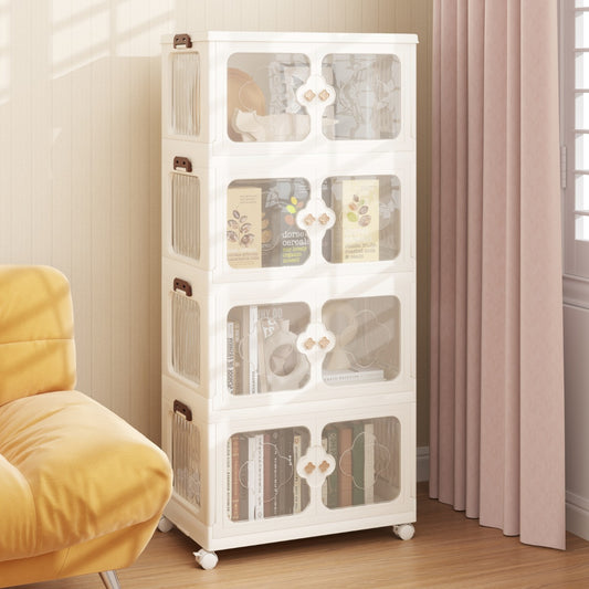 Four-tier storage cabinet filled with books and decorative items in a room setting