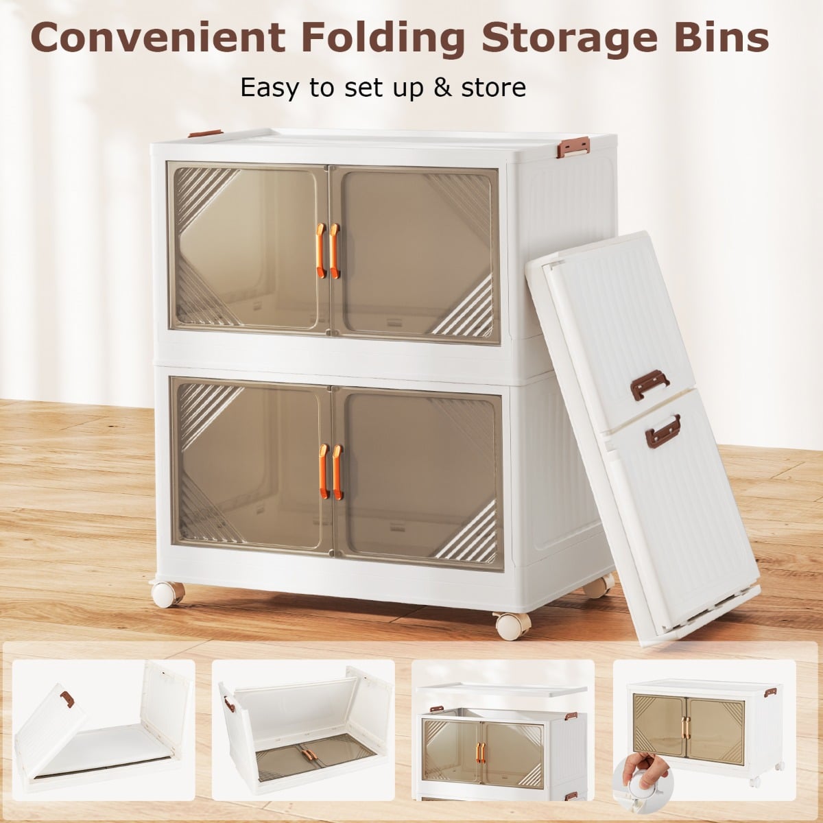 Stackable Storage Containers with Wheels and Doors for Bedroom-White-3-Tier