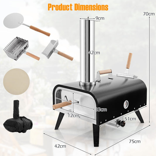 The stainless steel pizza oven shown with its dimensions and included accessories