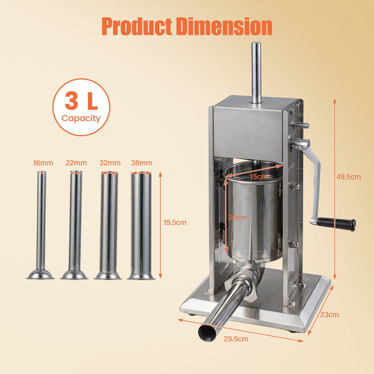 Sausage filling machine with dimensions and capacity label