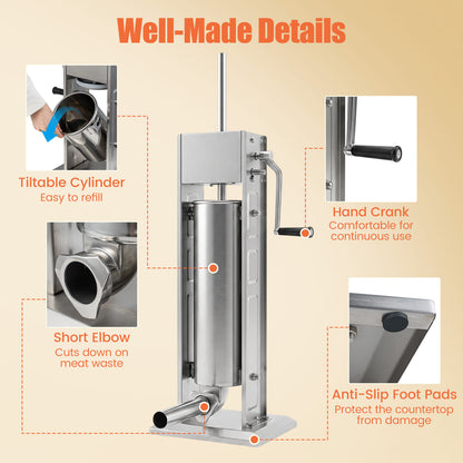 The meat filling machine highlighting the tiltable cylinder and anti-slip foot pads