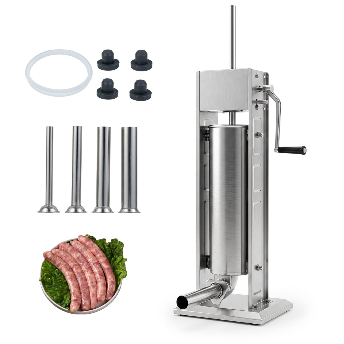 Stainless Steel Meat Filling Machine with stuffing tubes, seals and a plate of fresh sausages