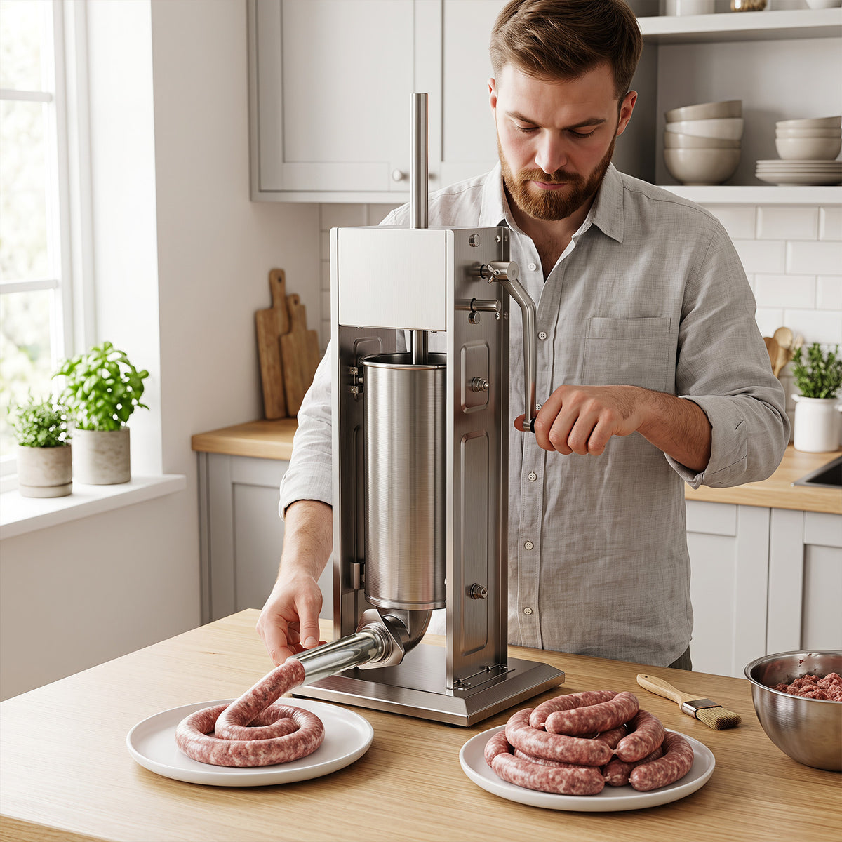 Man using the meat filling machine to stuff sausages in a kitchen