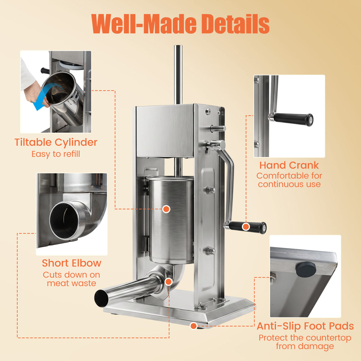 The meat filling machine has a tiltable cylinder, a hand crank, a short elbow and anti-slip foot pads