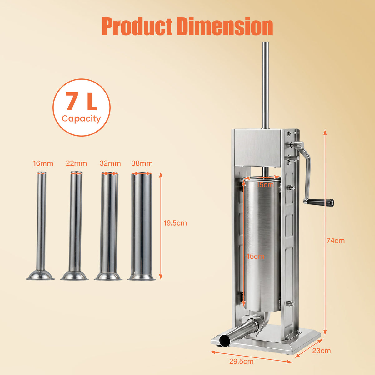 The meat filling machine shown with various measurements and dimensions for reference