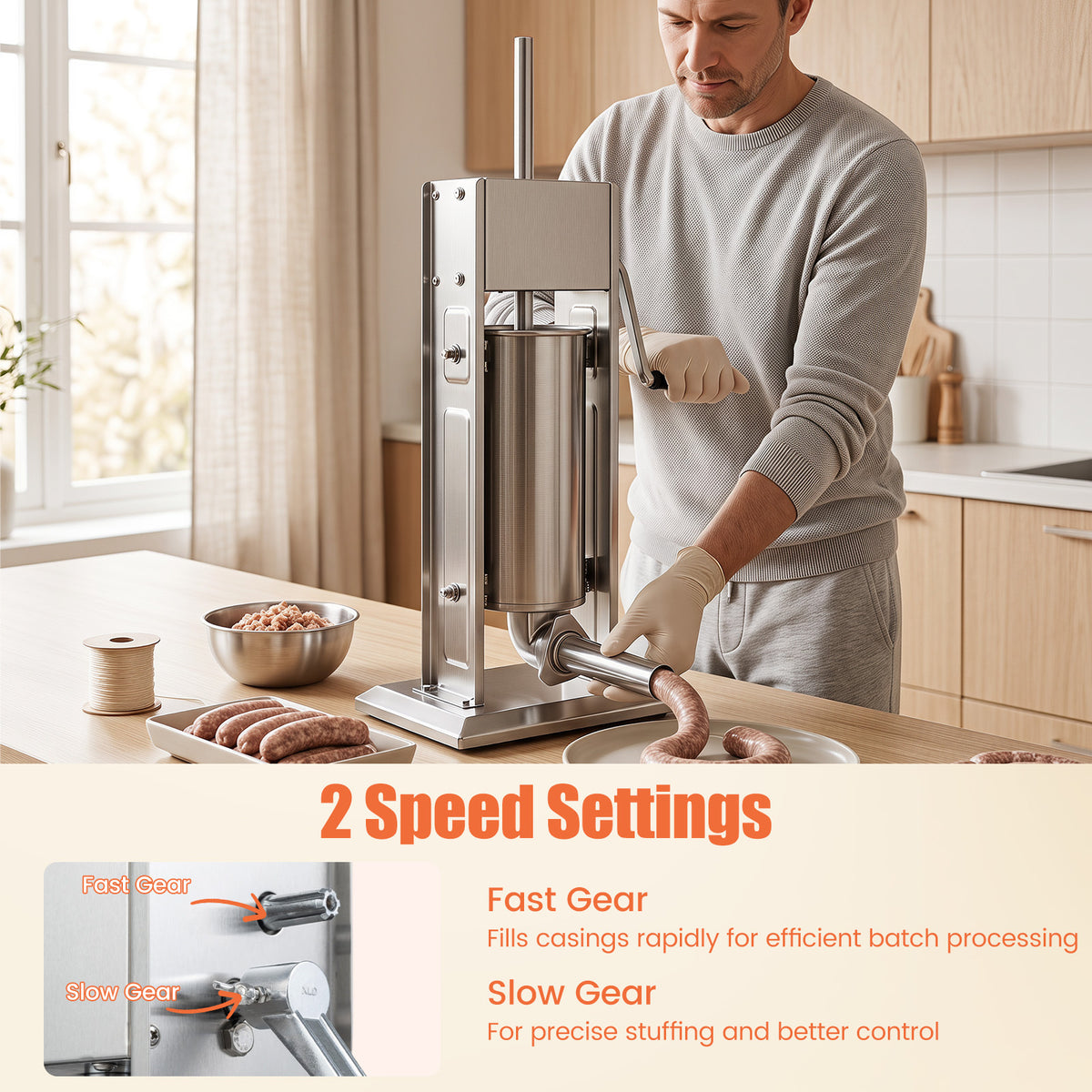 Man demonstrating the 2 speed settings on the meat filling machine