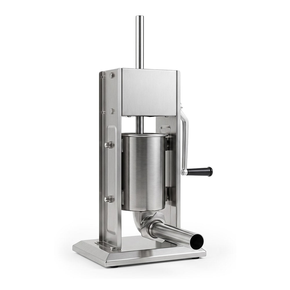 Stainless steel sausage stuffer on a white background