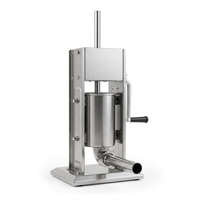 Stainless steel sausage stuffer on a white background