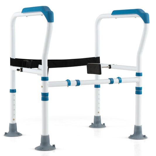 Stand Alone Toilet Safety Frame with blue armrests and a black support strap