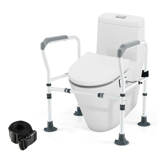 Stand Alone Toilet Safety Frame with a black strap and white toilet base