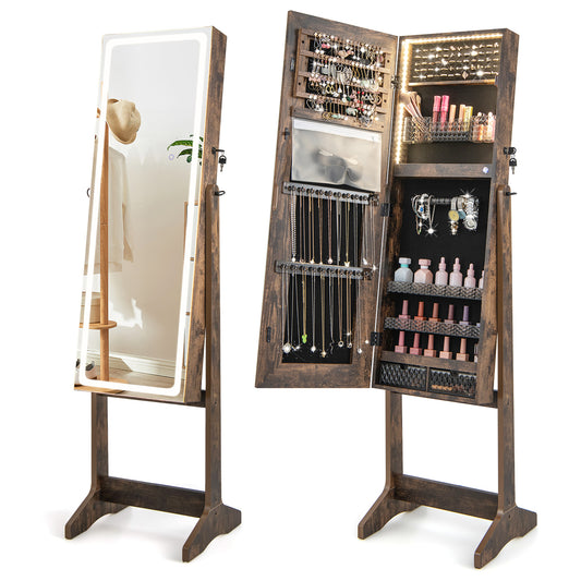 Standing Jewelry Cabinet shown closed with a mirror and open to reveal storage for accessories