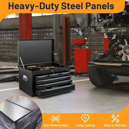 The metal tool chest sitting on a concrete floor in a professional vehicle repair garage