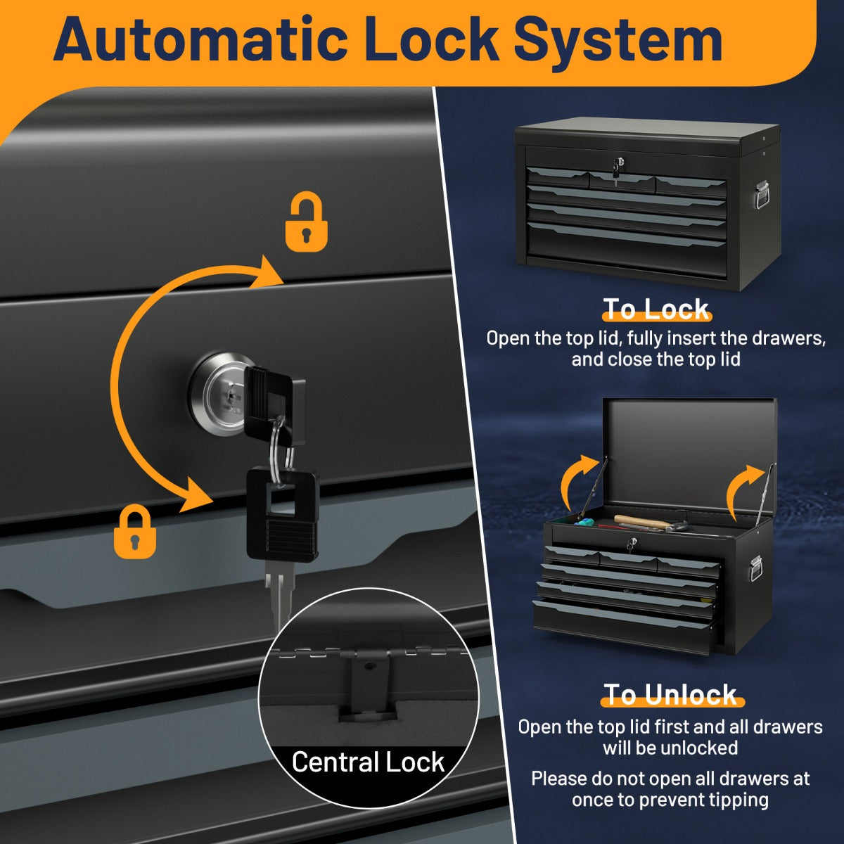 The metal tool chest showing how the central lock mechanism secures the drawers