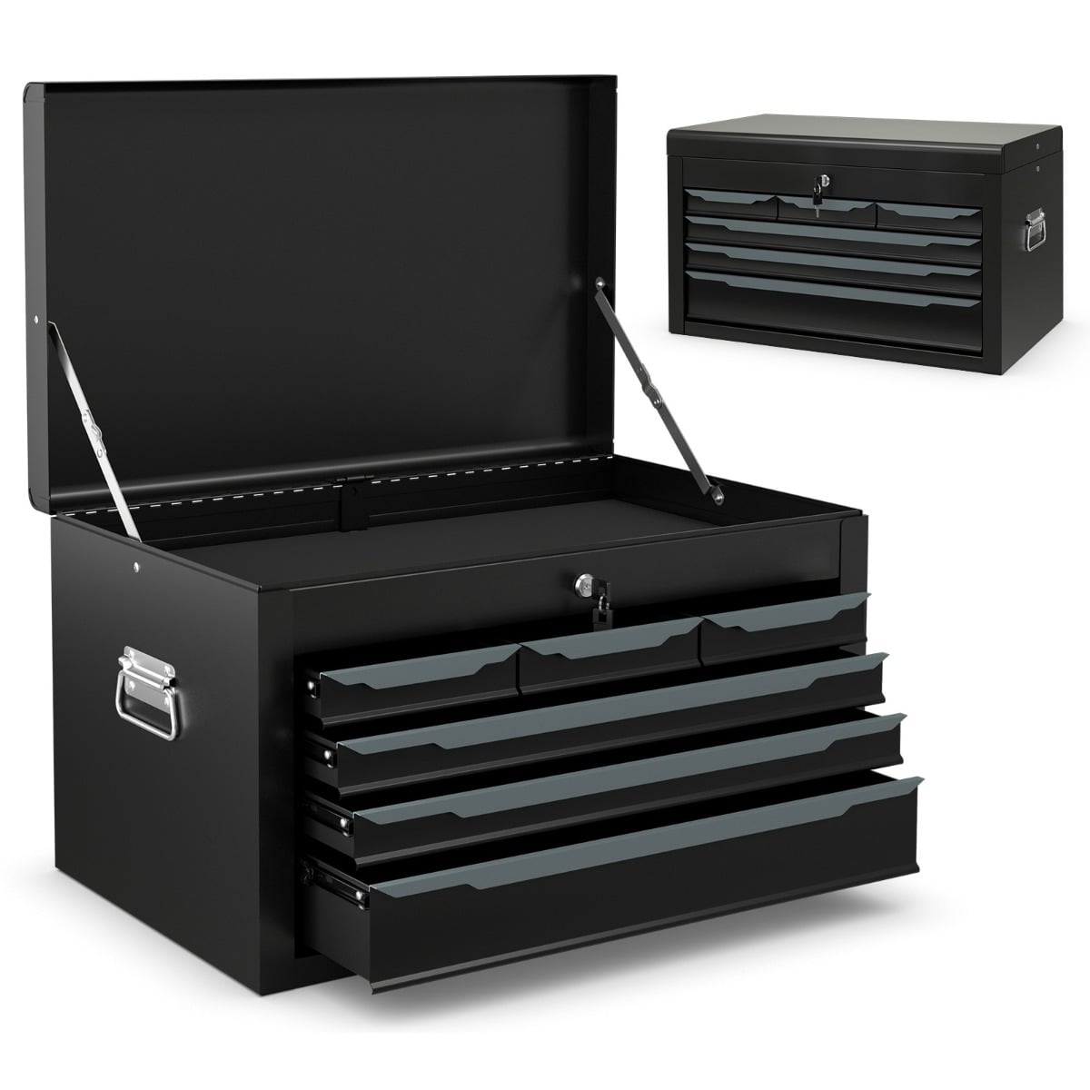 Steel Tool Box Chest Case with open lid and drawers showing internal storage compartments