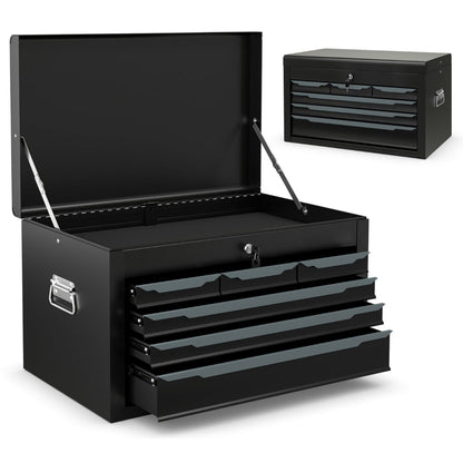 Steel Tool Box Chest Case with open lid and drawers showing internal storage compartments