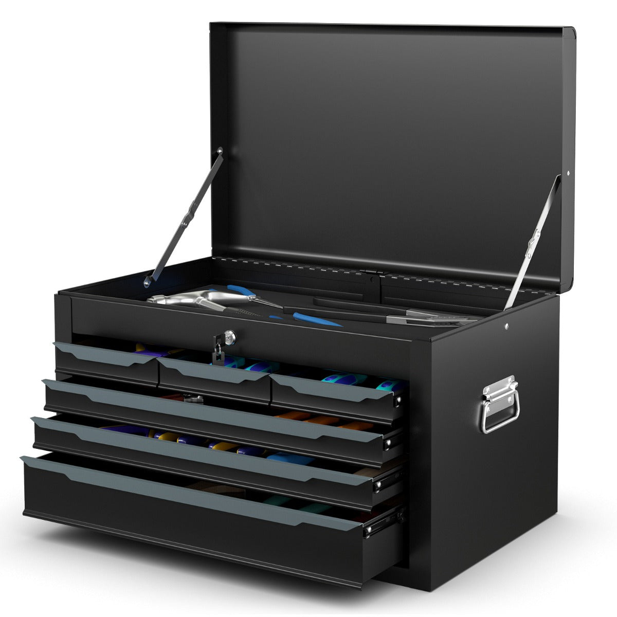 The metal tool chest with a black finish and silver handles viewed from the side