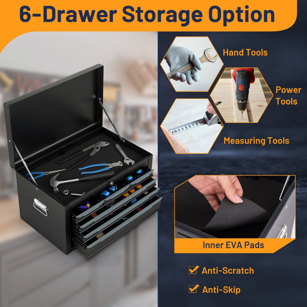 The garage storage chest with various hand tools and protective foam drawer liners