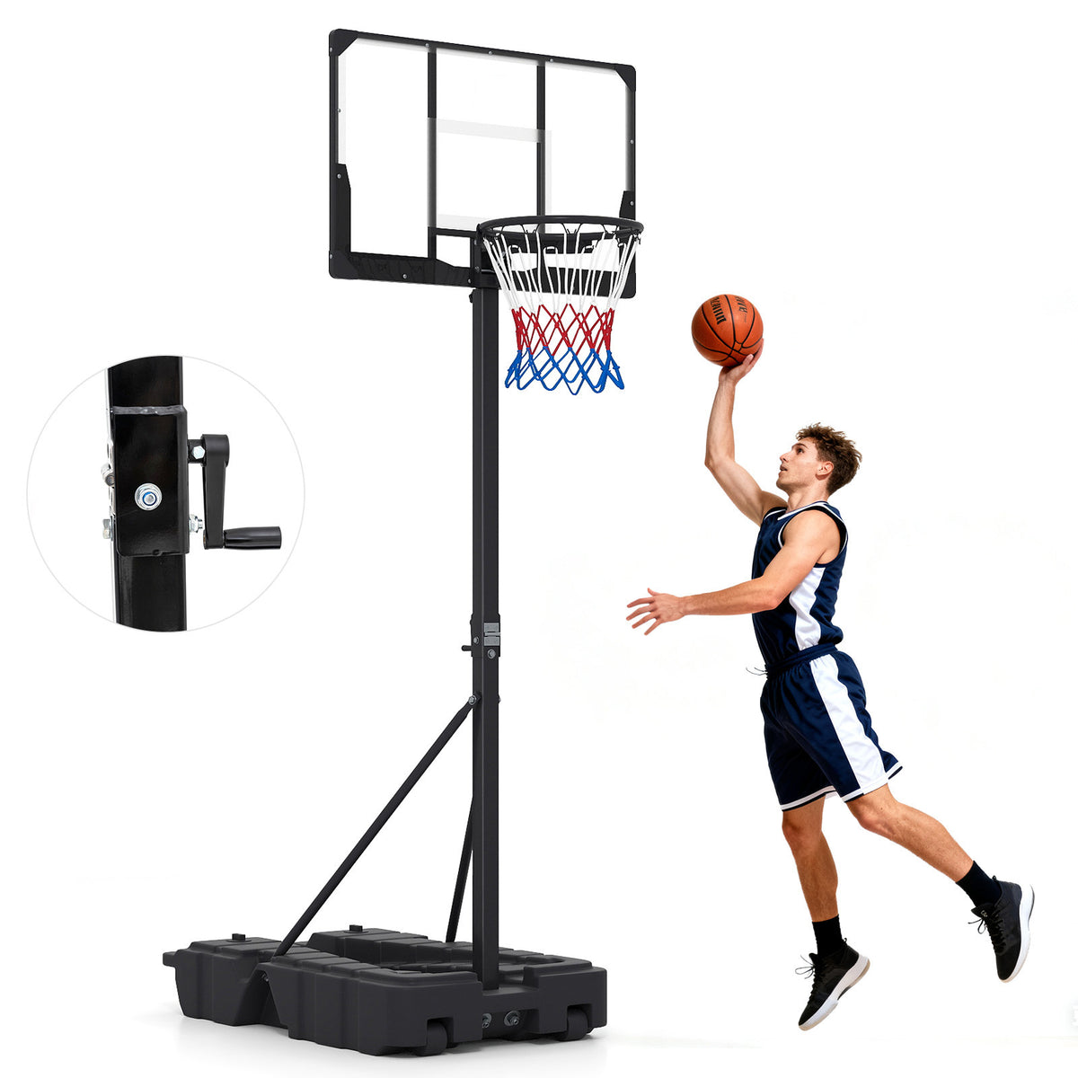 The basketball hoop with a circular inset showing the manual height adjustment crank