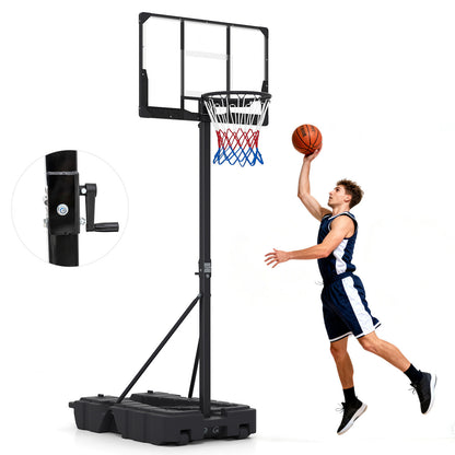 The basketball hoop with a circular inset showing the manual height adjustment crank