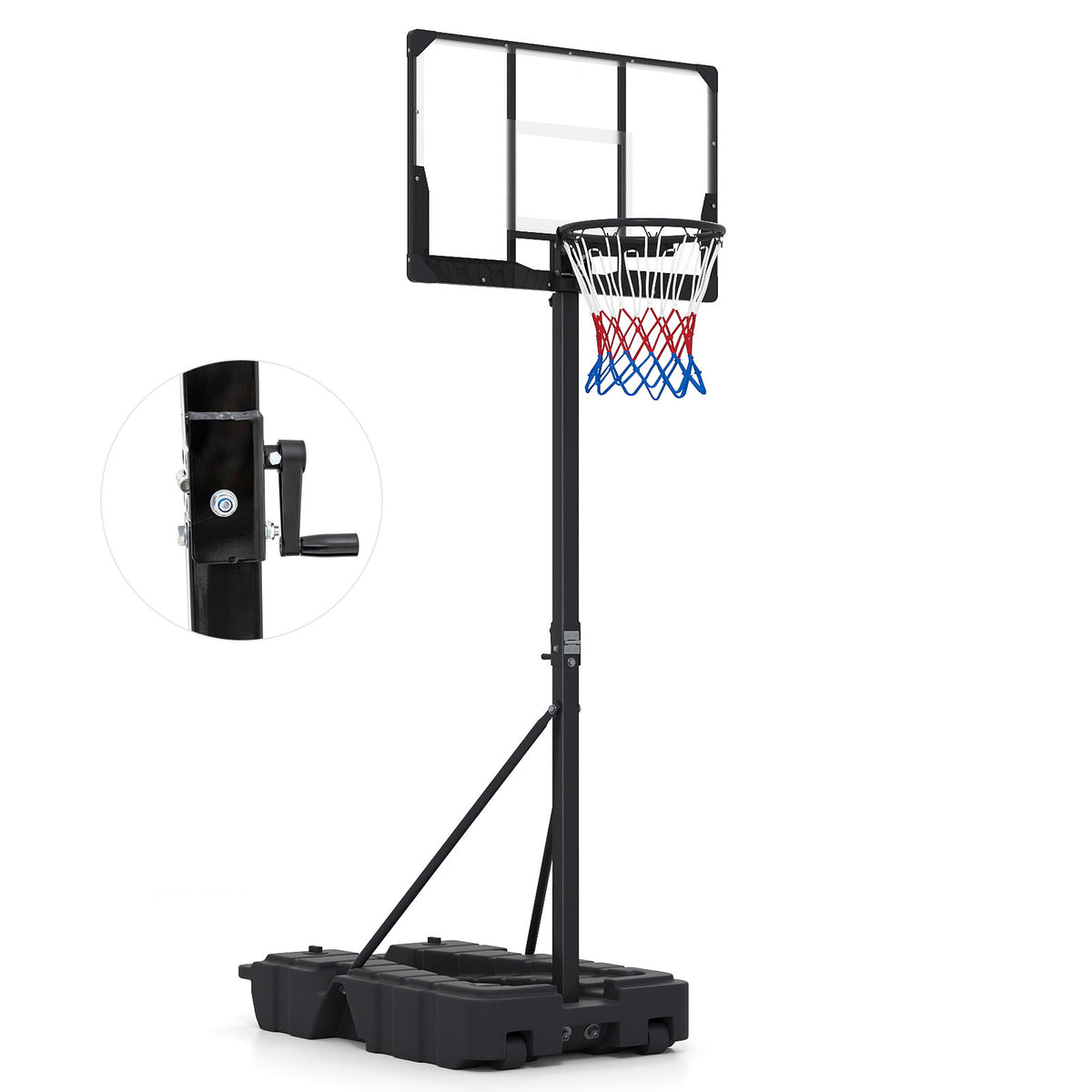 The basketball hoop with a close-up view of the height adjustment handle on the pole