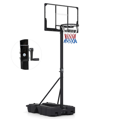 The basketball hoop with a close-up view of the height adjustment handle on the pole