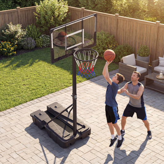 The basketball hoop being used by a father and son on a paved patio in a garden